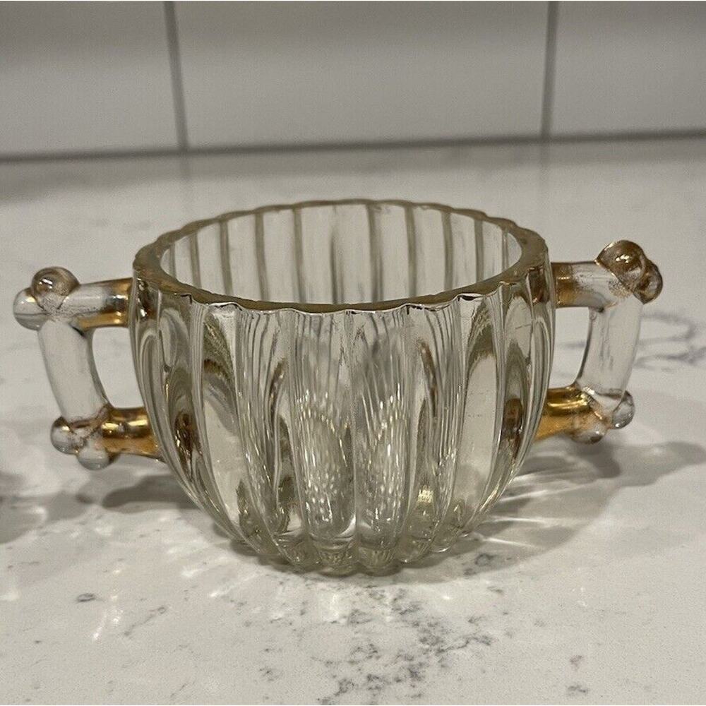 Vintage Jeanette Glass Double Handle (2) Sugar Set Gold Trim 1940s - Picture 4 of 7